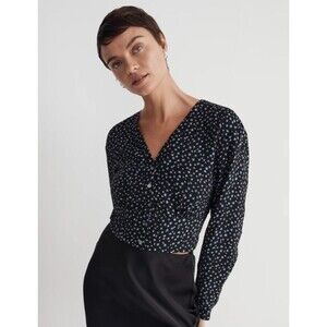 NWT Madewell Rosalind Top V Neck Button Front Women XL Black Cornflower Blue